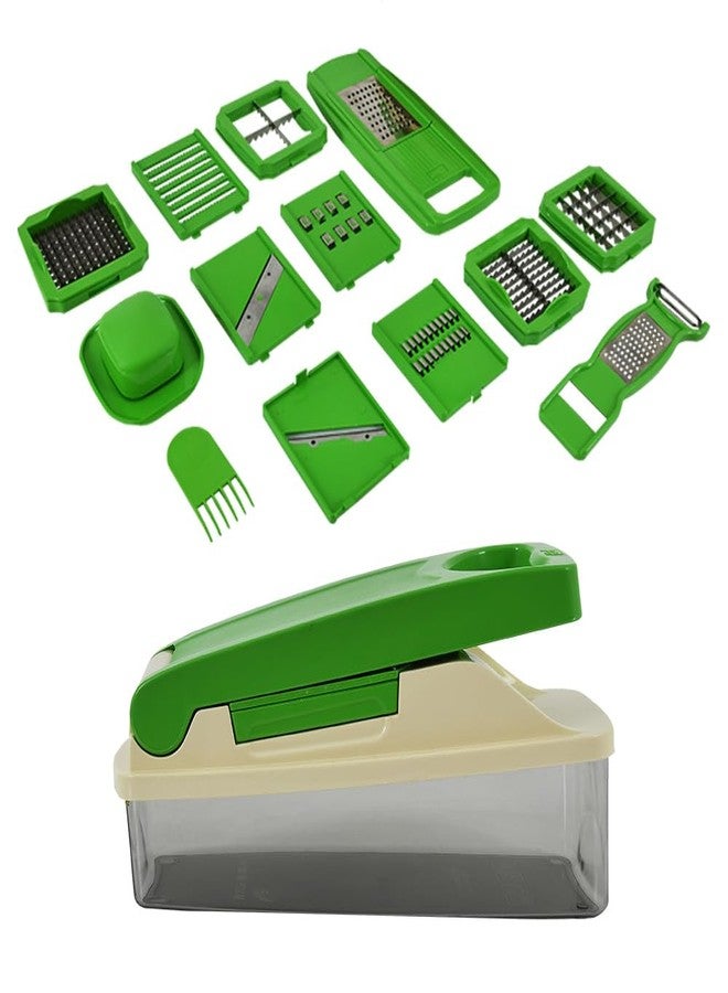BLLUEX 14 in 1 Multipurpose Chopper, Fruits & Vegetable Cutters, Grater Peeler Chipser, Unbreakable Food Grade Body, Easy Push to Clean Button Slicer Dicer, Chopper for Kitchen (Green, Plastic) - Image 1